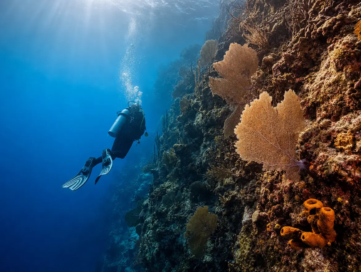 Duiker daalt langs een steile rifwand met zeewaaiers het diepe blauw in