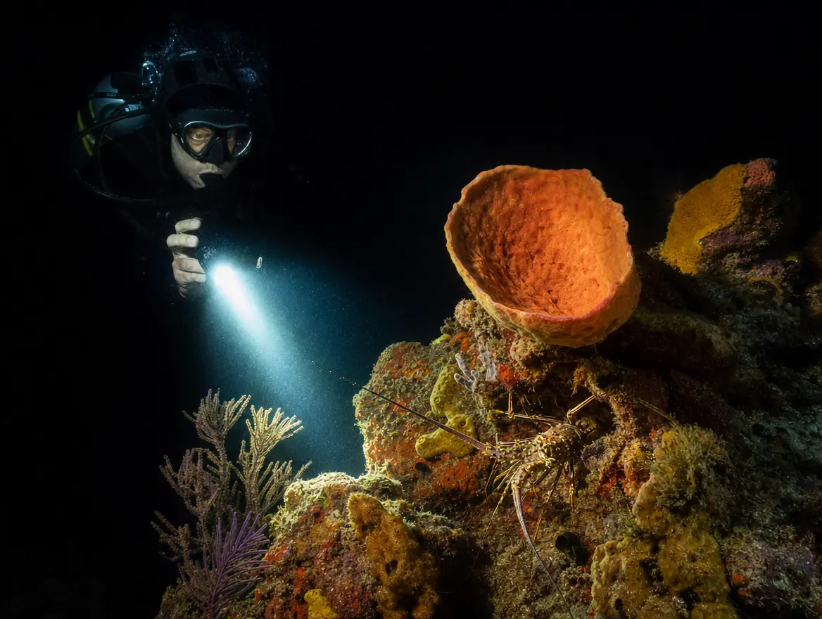 Duiker met zaklamp verlicht 's nachts een koraalkop met een oranje koraal en een kreeftje