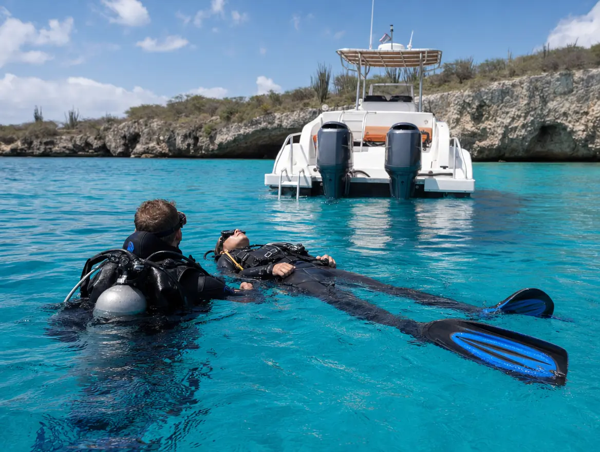 Twee duikers aan het wateroppervlak, de een sleept de ander naar een witte duikboot