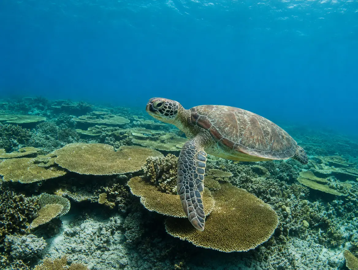 Groene zeeschildpad zwemt boven een ondiep rif met platte tafelkoralen