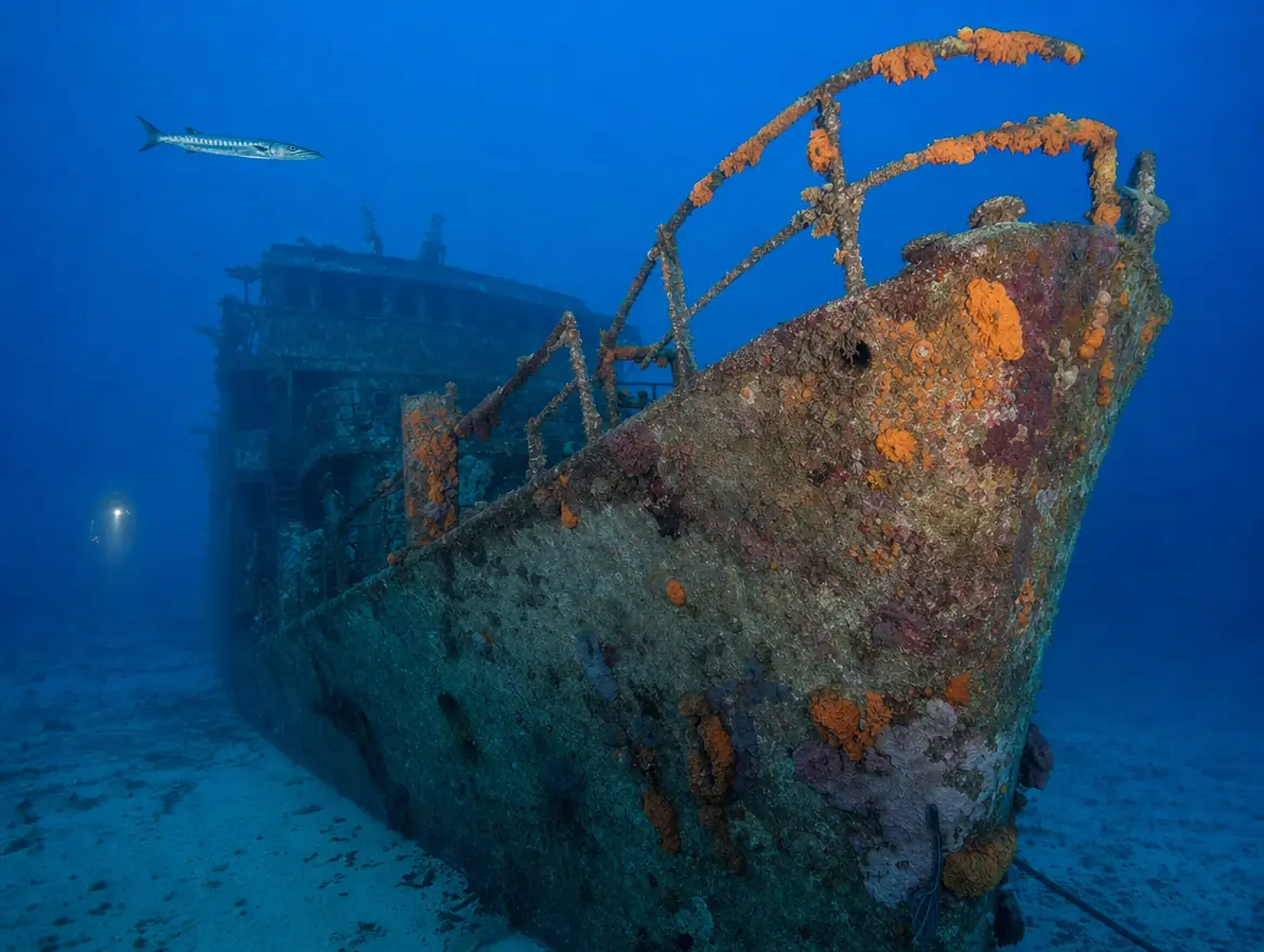Gezonken vrachtschip op zandbodem, romp bedekt met oranje en paarse sponzen, een barracuda ernaast